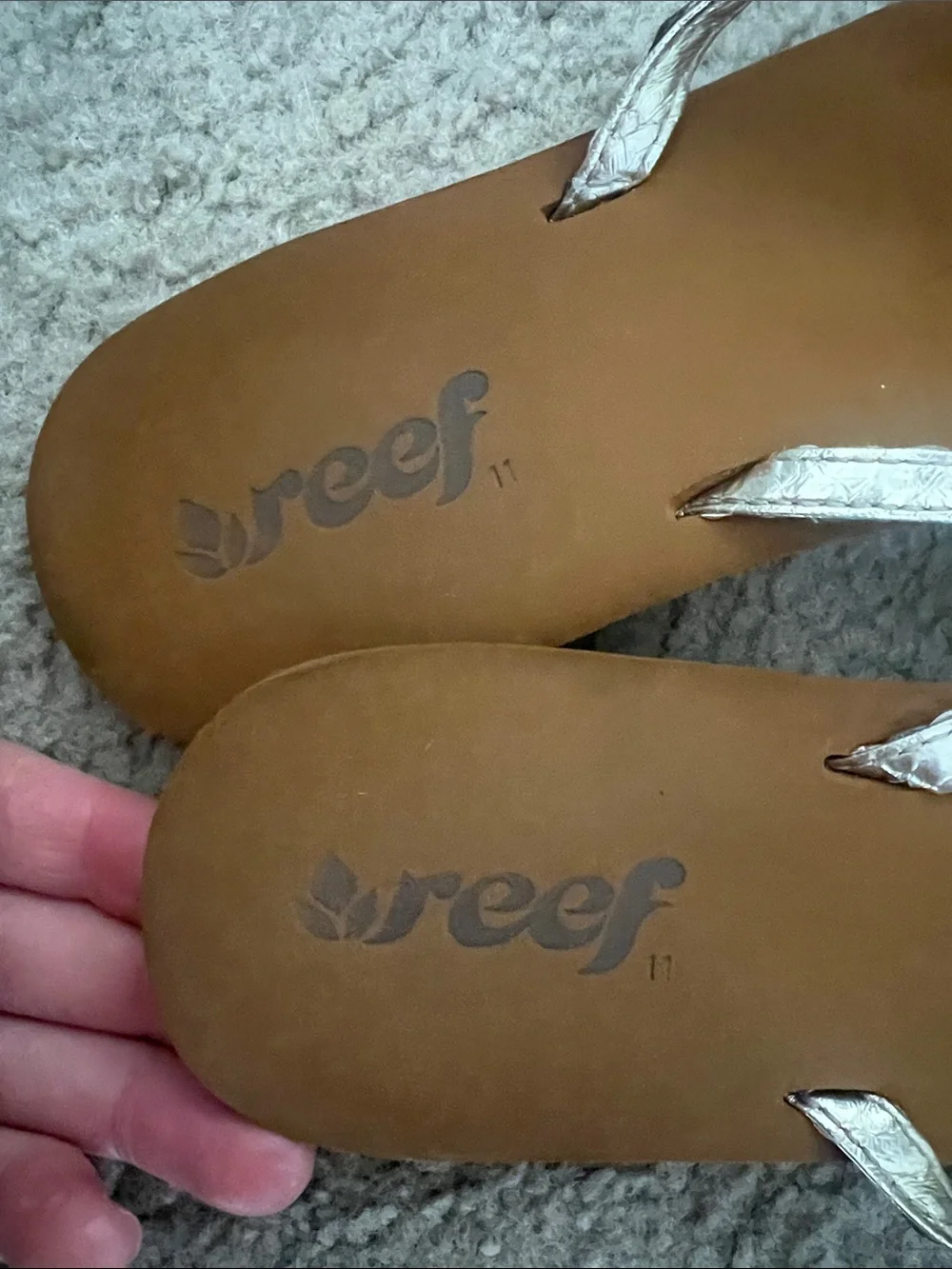 Reef Tan Flip Flop Sandals with Silver Snake-Print Straps